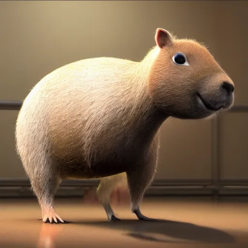 Prompt: Pixar type render of a capybara in a white tutu center stage with one light pointing at him sparkles and tension for the audition