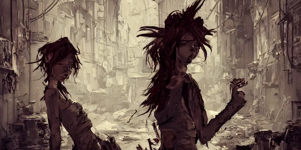 Prompt: ashley wood portrait of a feral girl in a back alley of an industrial urban street, wild teeth, eyes and hair, torn garment, vibrant, 5 0 mm lens, animated character and environment design, behance hd, evening, dramatic lighting, cinematic, trending on artstation, bloom