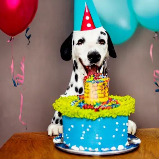 Prompt: photo of dalmatian dog with birthday hat eating a birthday cake,