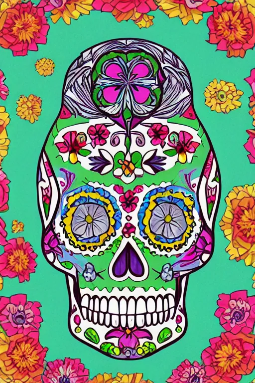 Image similar to illustration of a sugar skull day of the dead girl, art by amr elshamy