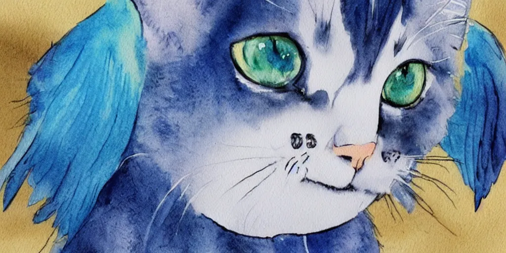 Image similar to watercolor illustration style, cute! cats! with blue wings!!