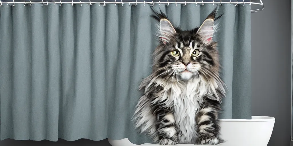 Prompt: a animated maine coon kitten artwork themed shower curtain, shower curtain. digital art. product photography. product lighting. 4 k, highly detailed. saturated.