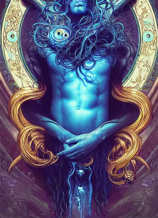 Image similar to the god poseidon, water hair, glowing eyes, volumetric lights, blue and cyan scheme, art nouveau botanicals, gothic, intricate, highly detailed, digital painting, artstation, concept art, smooth, sharp focus, symmetric face, illustration, steampunk, art by artgerm and greg rutkowski and alphonse mucha