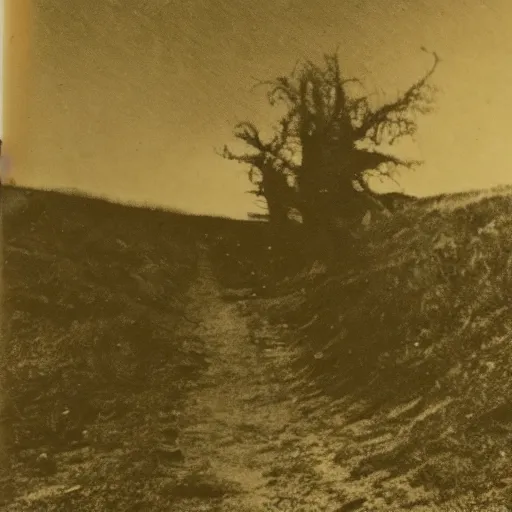 Prompt: old photo of a creepy landscape, scary figure in the distance