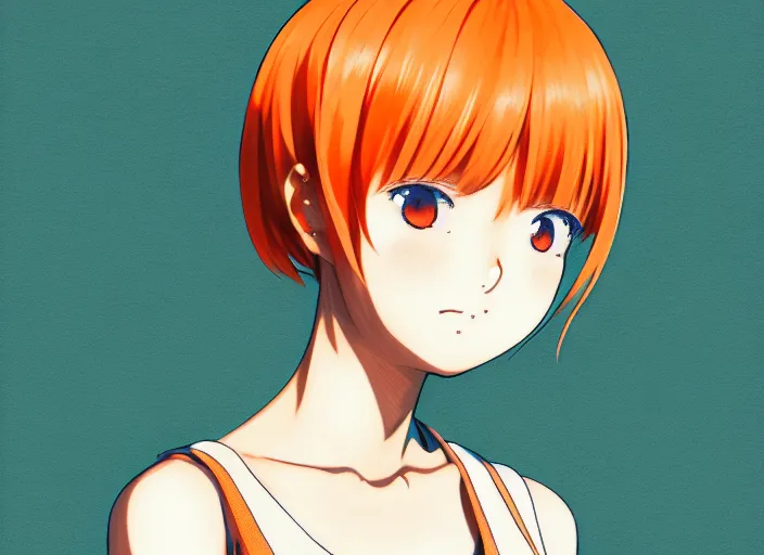 Image similar to anime girl with orange short hair in the Soviet pioneer form,omoide emanon, tsuruta kenji, murata range,kawaii, kyoto animation, manga,katsura masakazu, intricate, detailed, studio lighting, gradation,editorial illustration, matte print, Ilya Kuvshinov