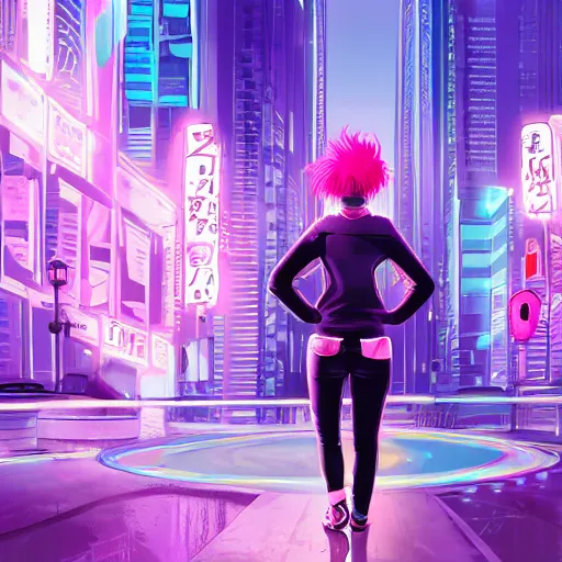 Prompt: Lady with pink hair staring into Centrentropy standing in a city scape of the unknown by Ohrai Noriyoshi, discord taken from life, cynicalism of the ninth dimension, splitting mass into a transferance of light, background of a neon dimension of vivid reality, HD, illustration trending on artstation