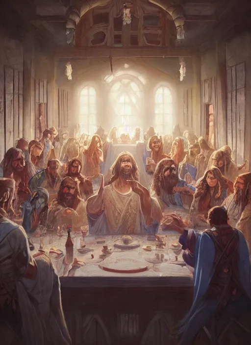 Image similar to the last supper beautiful painting by arthur addams and greg rutkowski and don bluth, highly detailed, illustration, epic, fantasy, intricate, hyper detailed, artstation, concept art, smooth, sharp focus, ray tracing