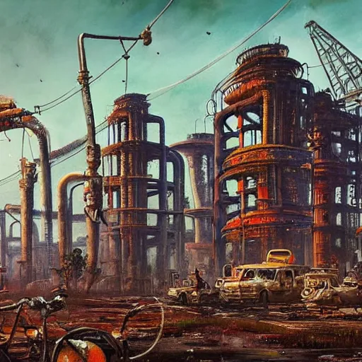 Prompt: beautiful painting of an industrial wasteland with balinese ruins and oriental decaying monuments in the style of Simon Stålenhag and H. R. Giger