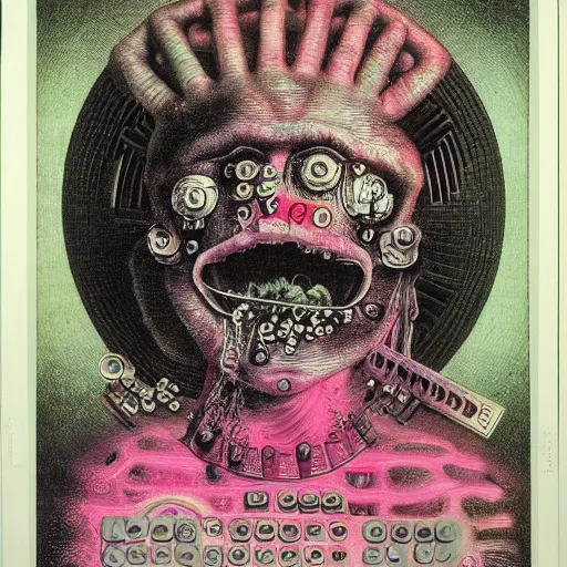 Image similar to post - punk new age album cover, asymmetrical design, frame of a dollar bank notes, capitalism, magic, apocalypse, psychedelic, black white pink, magic, giger h. r., giuseppe arcimboldo