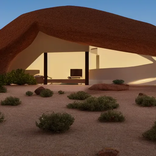 Prompt: A house designed by Frank Lloyd Wring in the middle of the desert, photographed by Fernando Guerra, realistic, 4k, detailed