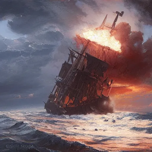 Image similar to An ancient burning ship on a stormy sea, art by greg rutkowski, highly detailed