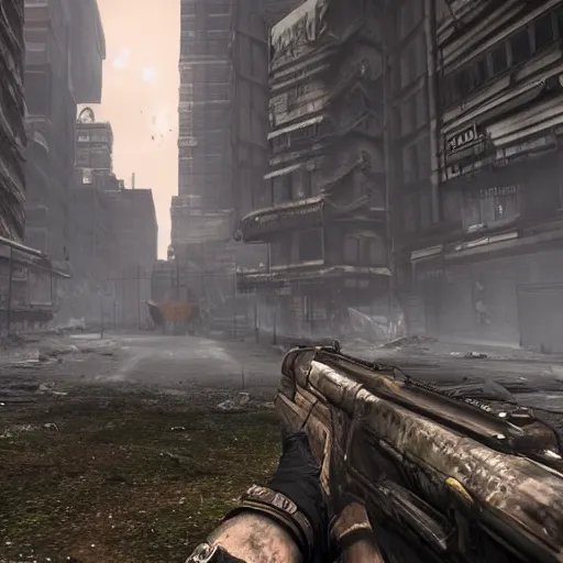 Image similar to Postapocalyptic city with people with old fashion guns in gas masks, game screenshot