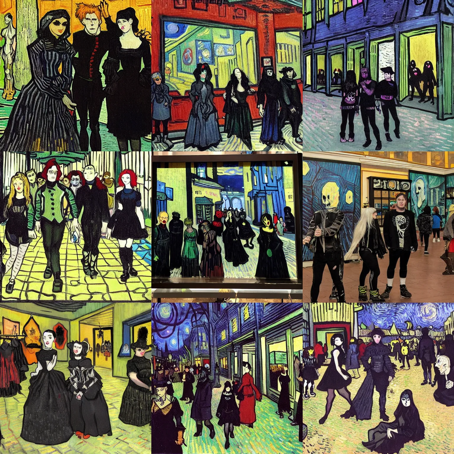 Prompt: Some goths hanging out at a Hot Topic store in the mall, painted by Vincent van Gogh