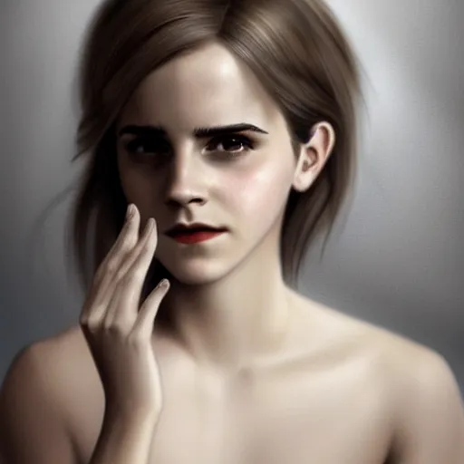 Prompt: Emma Watson showing her ring on correct cute female finger and left thumb, realistic, digital painting, portrait, elegant, cinematic lighting, mysterious, highly detailed, artstation, concept art, illustration, smooth, sharp focus, editor's pickup, trending on artstation, trending on deviantart, alphonse mucha, WLOP