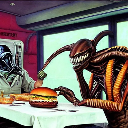 Image similar to alien xenomorph eating a cheeseburger, at a 5 0 s diner, painted by norman rockwell, greg rutkowski, john howe, wlop, artgerm