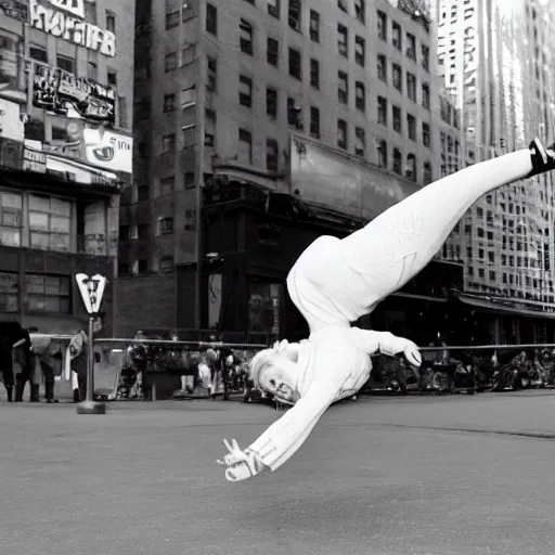 Image similar to a photo of Betty White breakdancing on the streets of New York