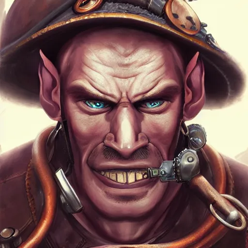 Prompt: portrait of a muscular, bald orc mechanic, wearing a heavy brown leather coat, wrench on hand, steampunk setting, gears, airship on the background, dramatic lighting, high detail, digital art by Rossdraws