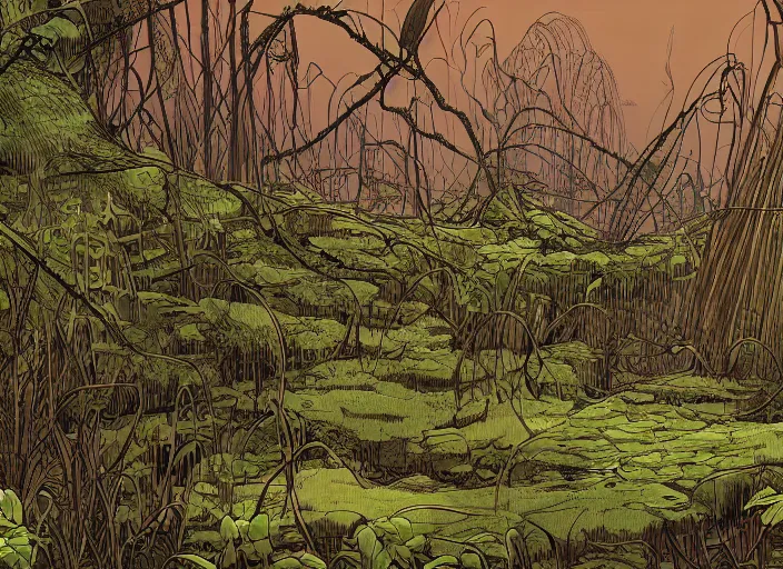 Image similar to a swamp with vines, hidden overgrown ruins, moebius, detailed, digital art, trending on artstation