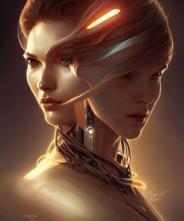 Image similar to futuristic woman portrait, sci-fi, amber eyes, face, long hair, fantasy, intricate, elegant, highly detailed, digital painting, artstation, concept art, smooth, sharp focus, illustration, art by artgerm and greg rutkowski and alphonse mucha