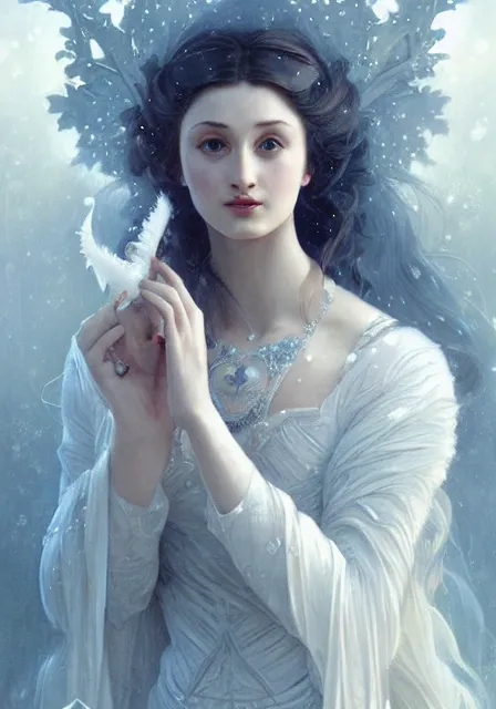 Prompt: sansa snow queen, intricate, elegant, highly detailed, digital painting, artstation, concept art, smooth, sharp focus, illustration, art by artgerm and greg rutkowski and alphonse mucha and william - adolphe bouguereau