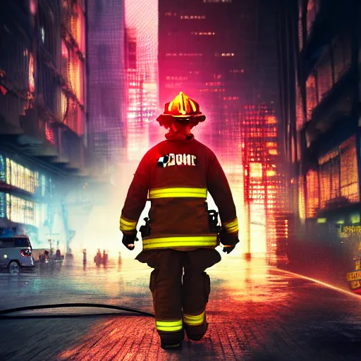 Image similar to cyberpunk mushrom as a firefighter in the city in action, cinematic, high definition, digital art, artstasion, deep depth of field