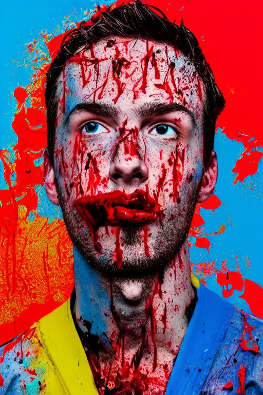 Prompt: guy covered with blood in his face - aesthetic, 4 k, comical, acrylic paint style, pencil style, torn cosmo magazine style, pop art style, ultrarealism, by mike swiderek, jorge lacera, ben lo, tyler west