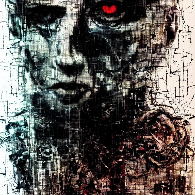 Prompt: portrait of a cyberpunk man, mysterious, glitch effects over the eyes, shadows, by Guy Denning, by Johannes Itten, by Russ Mills, centered, glitch art, hacking effects, chromatic, cyberpunk, color blocking, oil on canvas, concept art, abstract