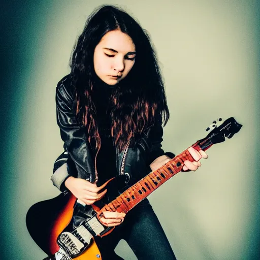 Image similar to 1 9 - year - old girl with wavy long hair, wearing black leather jacket and denim jeans, holding electric guitar, stoner rock, doom metal, concert, live concert footage