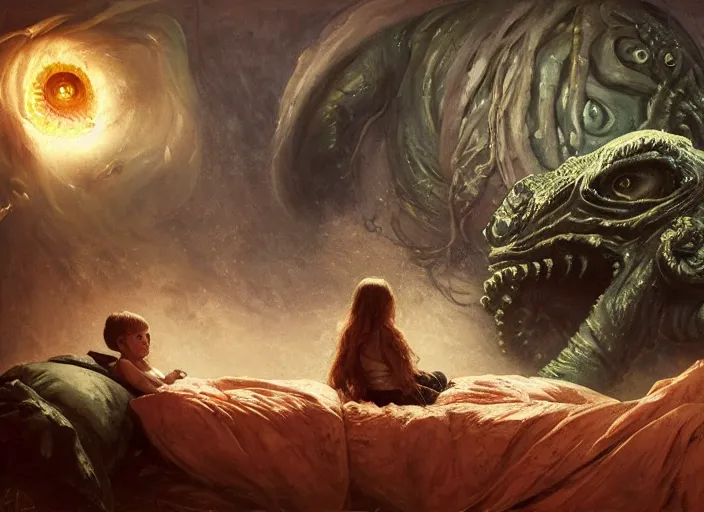 Prompt: my children bed with a giant cthulhu eyes in the dark by gaston bussiere, anna nikonova aka newmilky, greg rutkowski, yoji shinkawa, yoshitaka amano, tsutomu nihei, giger, donato giancola, geoffroy thoorens, trending on artstation, featured on pixiv, cinematic composition