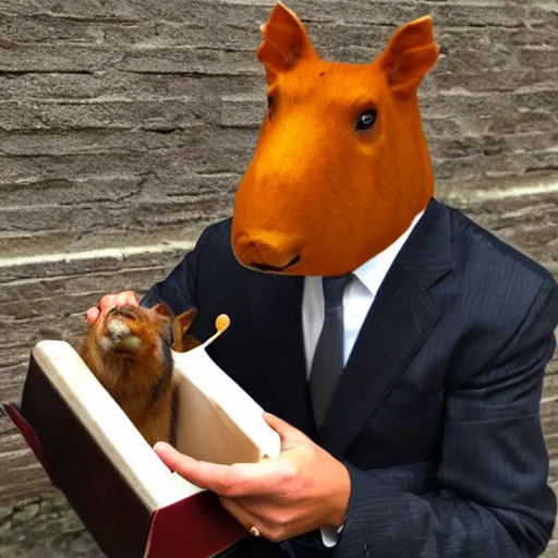 Image similar to smoking cigar, a man wearing a suit capybara head wearing a hat (smoking cigar)