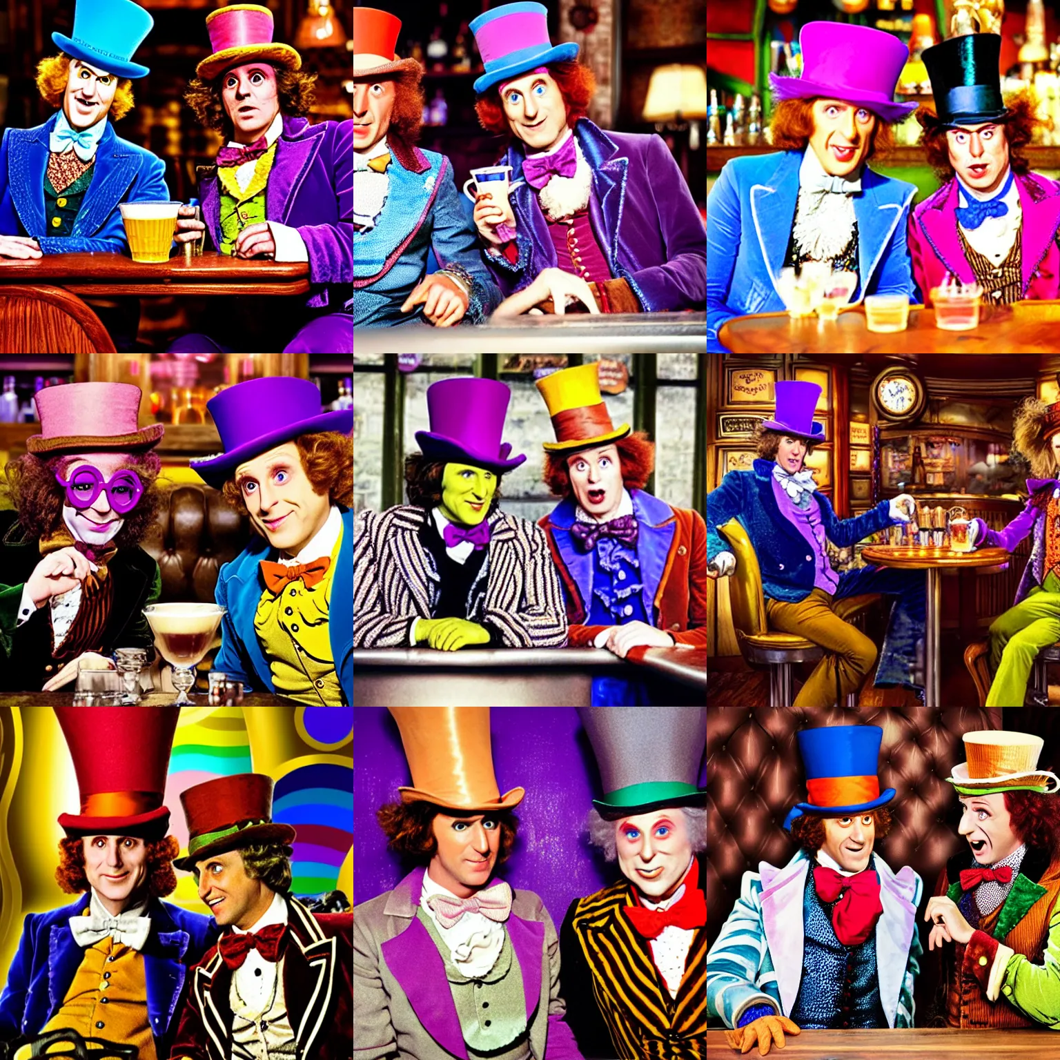 Prompt: willy wonka and the mad hatter sitting together at a bar