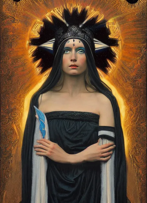 Prompt: acid tripping cult magic psychic woman, third eye, occult ritual, dark witch headdress, oil painting, robe, symmetrical face, greek dark myth, by John William Godward and Anna Dittman, masterpiece