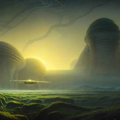 Image similar to a beautiful matte painting of an alien landscape of lush and mystical flora, remnants of a crashed spaceship, alien creatures emerging, sunrise, by Giger and Ralph McQuarrie and Bruce Pennington, cinematic lighting, ambient light, hyperrealism, hires, octane render, 8k, iridescent accents, vray