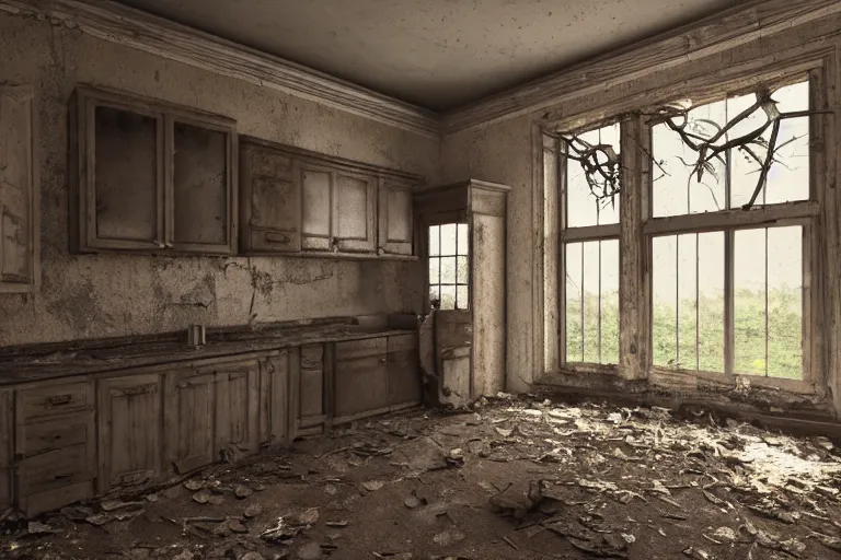 Image similar to ruined, abandoned american midwestern mansion kitchen, seen from inside. Diffused light falls through the broken windows. Dirt, leaves on ground. Unreal Engine. Substance painter. Zbrush. Trending on artstation. 8K. Highly detailed.