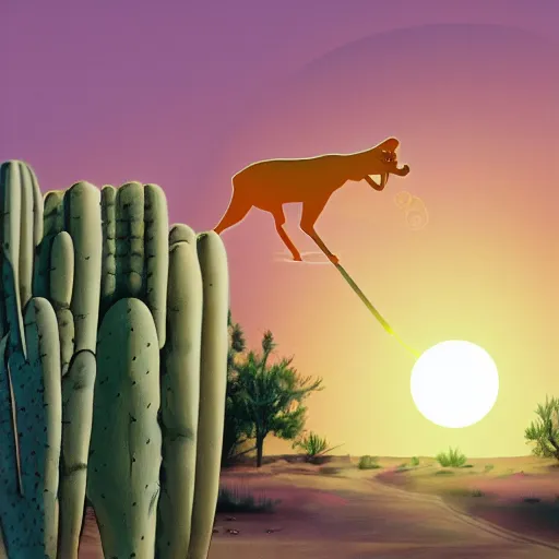 Image similar to A five-foot tall human nose that is walking a leashed holographic beetle in a desert with purple cacti, joshua trees, with a red sun directly overhead. Detailed illustration.