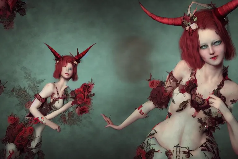 Image similar to pretty demon girl with horns photograph in the style of ray caesar, colorful, realistic, 8 k,