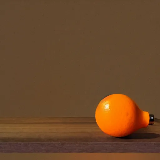 Image similar to a battery made from an orange, powering a lightbulb, photograph by caleb charland