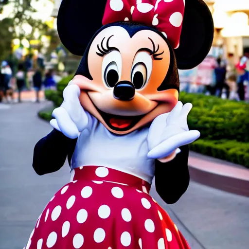 Prompt: the Minnie Mouse character at Disneyland giving you the middle finger