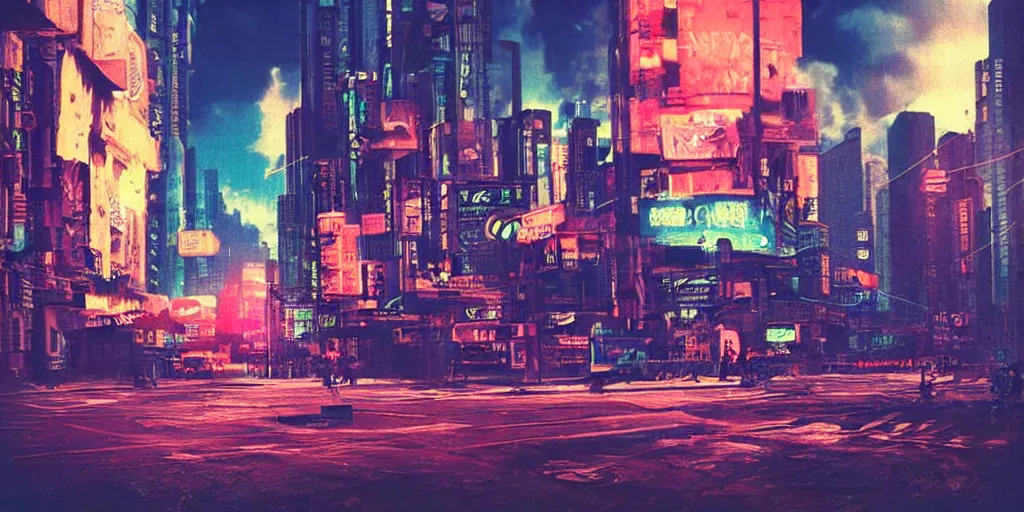 Prompt: Detailed analog polaroid photograph of a futurist cyberpunk city street, with gigantic clouds visible above the skycrapers, high contrast, slight grain, bokeh, glare, lensflare, unreal engine, 8k, azure tones, red color bleed, gigantic neon signs