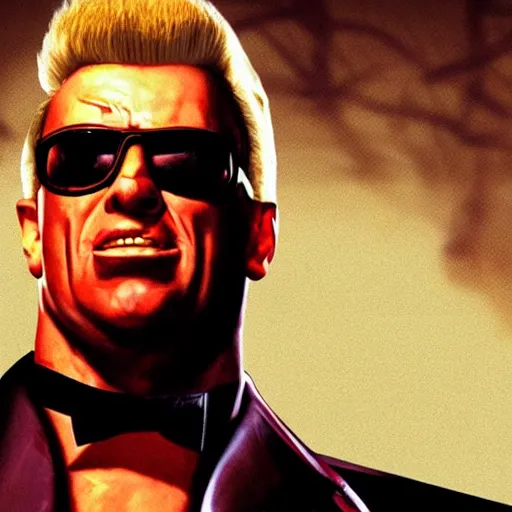 Image similar to Duke Nukem as The American Psycho, staring intensely, Duke Nukem art style, explosive background, cinematic still