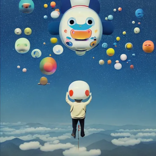 Image similar to a man walking on clouds away from the camera above kyoto by takashi murakami, beeple and james jean, aya takano color style, 4 k, super detailed, modern, 4 k, symmetrical