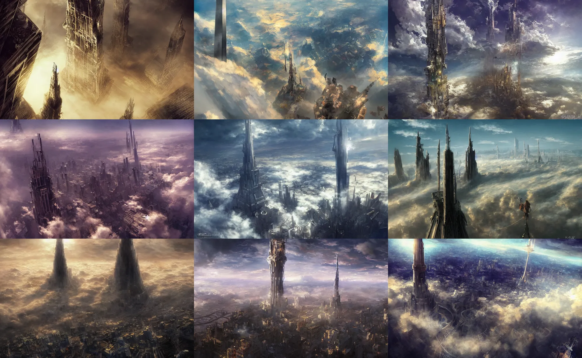 Prompt: above the clouds, resonance of fate tower art, skinny towers, looking down from an infinite spire poking out of the thick clouds below, stratosphere, spire connected with rope bridge!!, babel, vertigo, huge distance, by craig mullins, by ruan jia! golden hour, ( ( dr sues ) ), cold, dramatic lighting