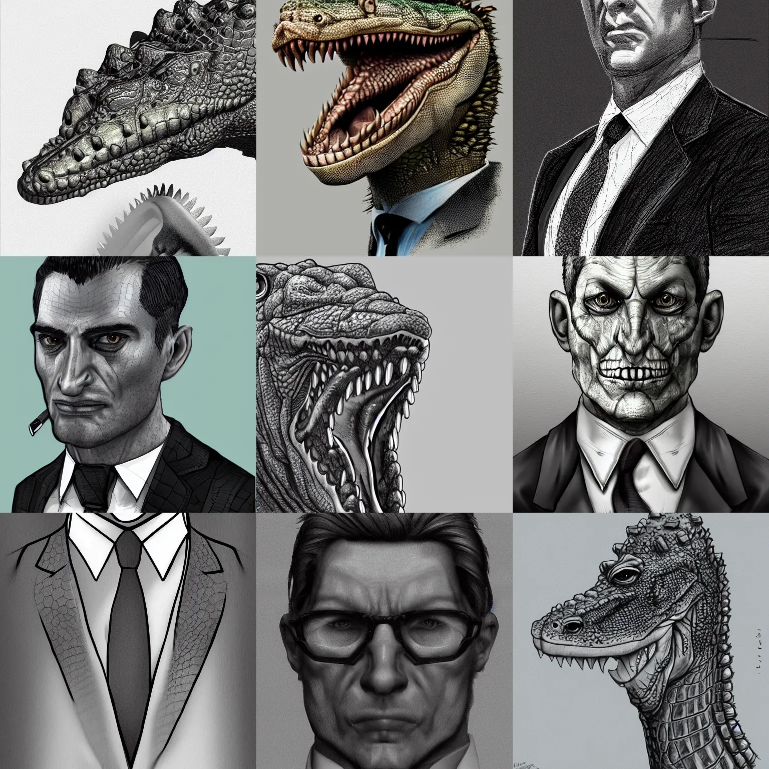 Prompt: Crocodile in a business suit, highly detailed portrait, trending on Artstation