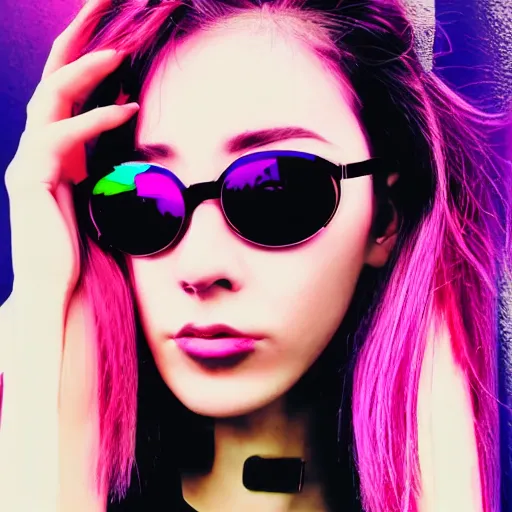 Prompt: pink and purple synthwave misato evangellion face high detail sunglasses smoking cyberpunk neon pink blue red