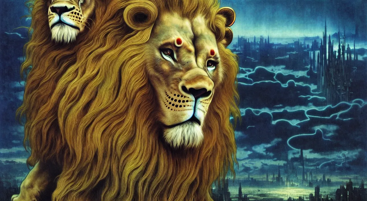 Image similar to realistic detailed portrait movie shot of a lionman wearing dark robes, sci fi city landscape background by denis villeneuve, amano, yves tanguy, alphonse mucha, ernst haeckel, max ernst, roger dean, masterpiece, rich moody colours, blue eyes, occult