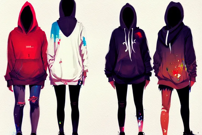 Image similar to a ultradetailed painting of three women in a oversized hoodie and sneakers by conrad roset, greg rutkowski and makoto shinkai trending on artstation