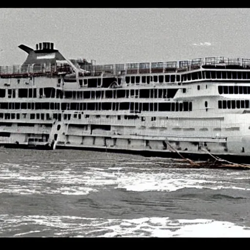 Prompt: vhs footage still of abandoned cruise ship with water damaged interior, date stamp in bottom right corner reads 1 8 jan 2 0 0 5, 7 : 2 0 pm