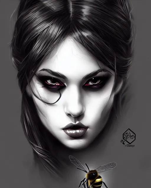 Prompt: black crimson ink smoke portrait of a bee, artgerm, wlop, artstation