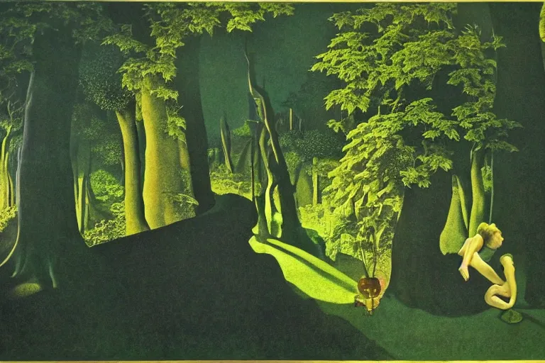 Prompt: as when, upon a tranced summer-night, those green-rob'd senators of mighty woods, tall oaks, branch-charmed by the earnest stars, by Maxfield Parrish and MC Escher and Lynd Ward, still life, surrealist, dramatic cinematic lighting, sharp focus, extremely detailed