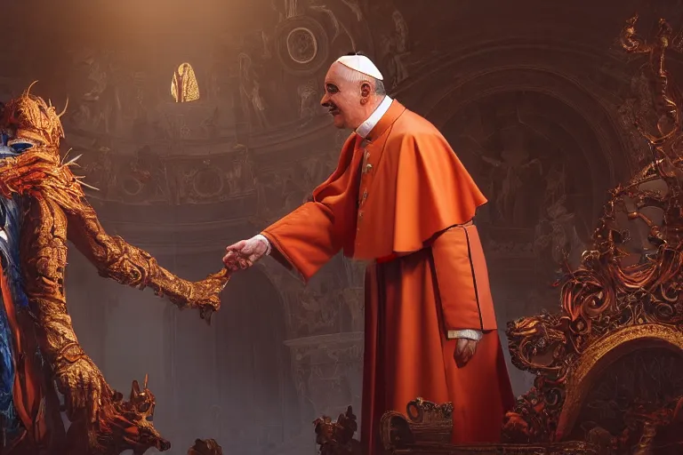 Image similar to the pope shaking hands with the evil, hyper detailed, orange red blue tones dramatic lighting, cgsociety, realistic, hyper detailed, insane details, intricate, dramatic lighting, hypermaximalist, golden ratio, rule of thirds, octane render, weta digital, micro details, ultra wide angle, artstation trending, 8 k